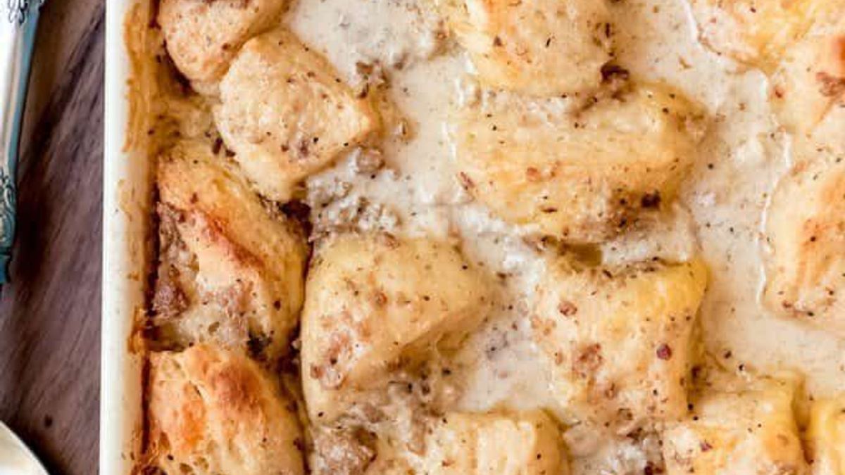 a close up view of biscuits and gravy casserole